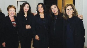 Ahlam Lemseffer, Wafa’a Mezouar, Nawal Sekkat, Leila Cherkaoui and Claudine Lavit Lahlou at the opening of their exhibition in Marrakesh (Asharq Al-Awsat)