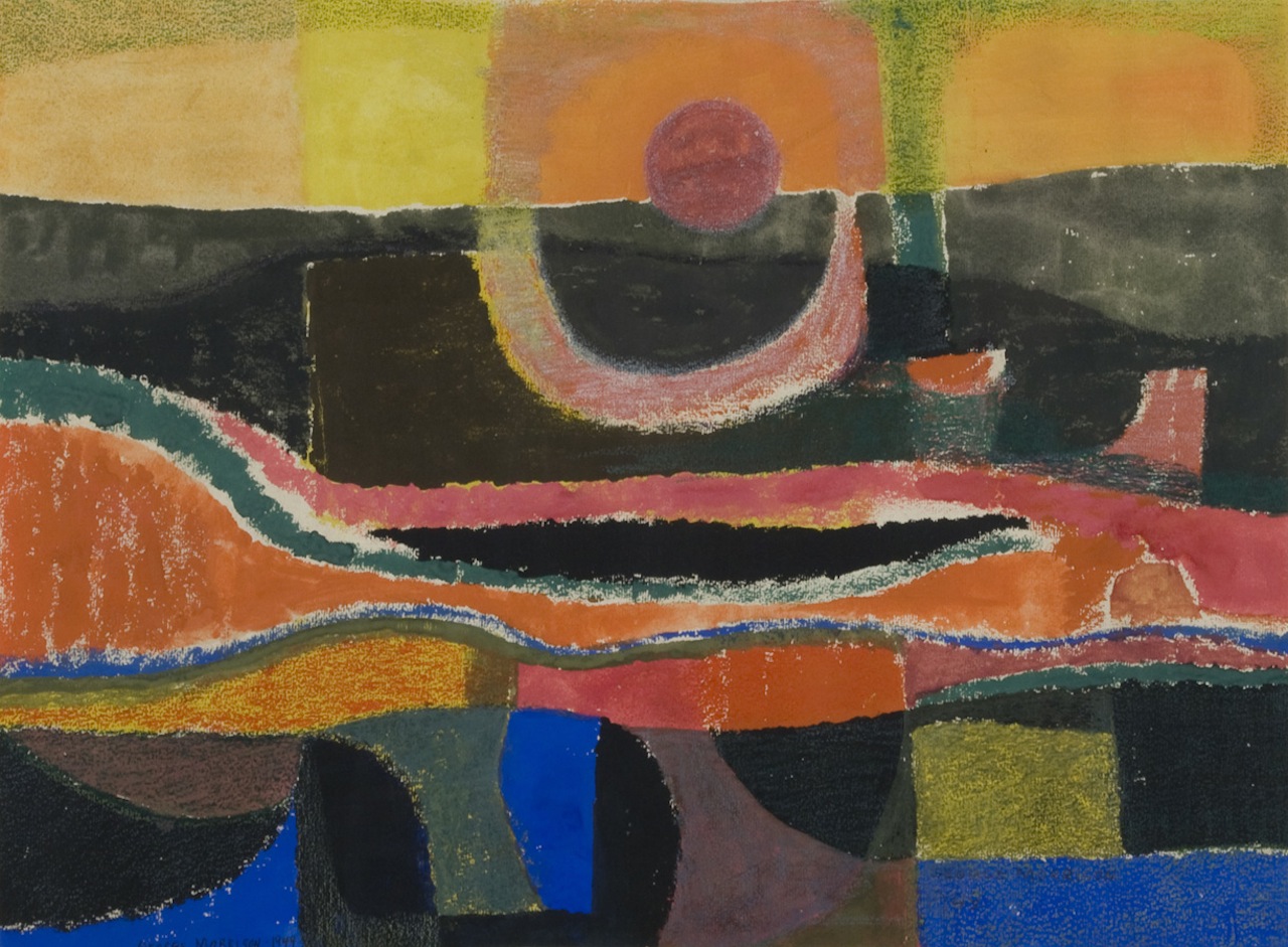 Sun and River (1949), watercolor and crayon on paper, 15 3/4 x 21 in, Collection Plains Art Museum 