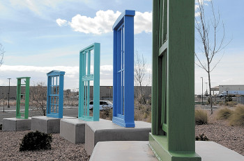 Oversized steel windows painted with New Mexico colors are part of the outdoor art installation titled “You Are Here” at Ventana Ranch Community Park on the Albuquerque’s West Side. The work was designed by a New Mexico State University professor. (PAT VASQUEZ-CUNNINGHAM/JOURNAL)