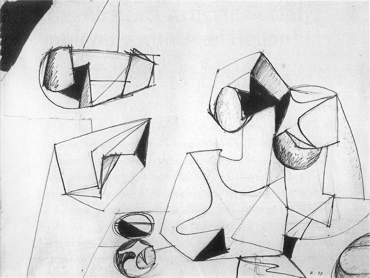 Jean Hélion, “Scattered Elements” (1937), ink on paper, 18 x 23 5/8 in (IMEC Archive), reproduced in black and white in 'Double Rhythm'